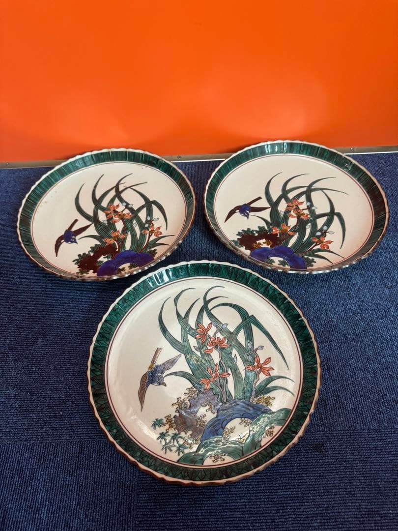 1832  古九谷焼　角福　花鳥皿　3客　25cm 時代物 0ba25dbe8ae2ebed0d78acaecaa44a