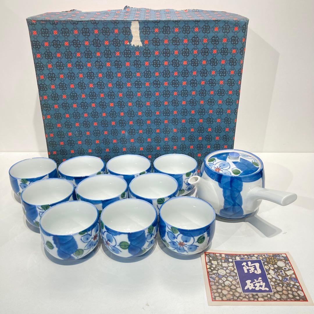 s2197 未使用 有田焼 十客茶器揃 青色 花柄 陶器 湯呑みと急須セット