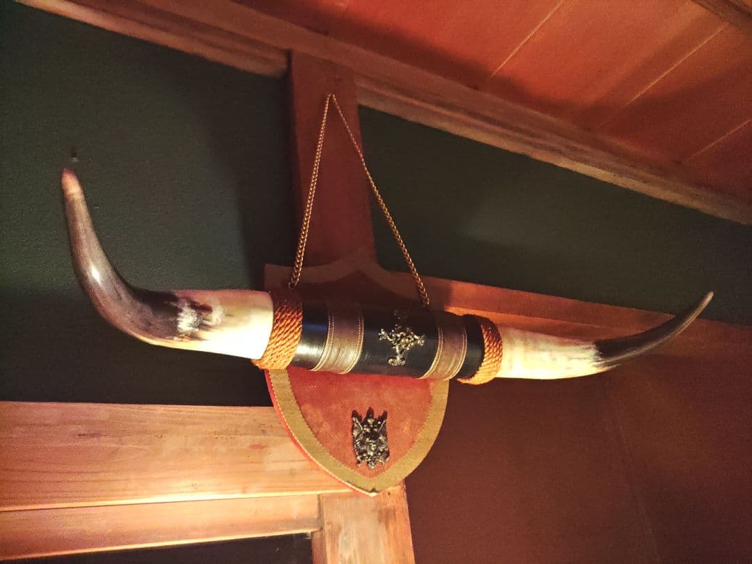 バッファロー　角　ホーン　天然　貴重　アメリカ　アンティーク　ヴィンテージ　牛革 バッファローの角が付いた手彫りの牛の頭蓋骨：ブラックグレーの室内