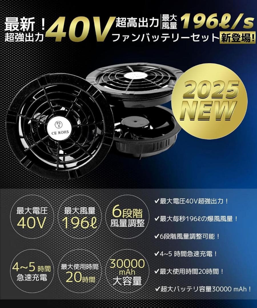 空調作業服 ファンバッテリーセット 40V超高出力日本製ブラシレスモーター