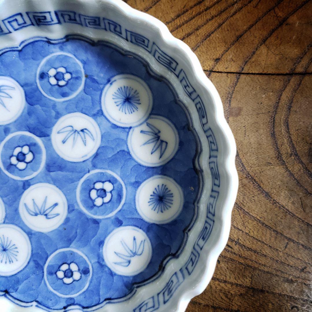 小皿 染付 花弁縁 丸窓 松竹梅 縁文 雷文 訳あり 明治 大正 古伊万里