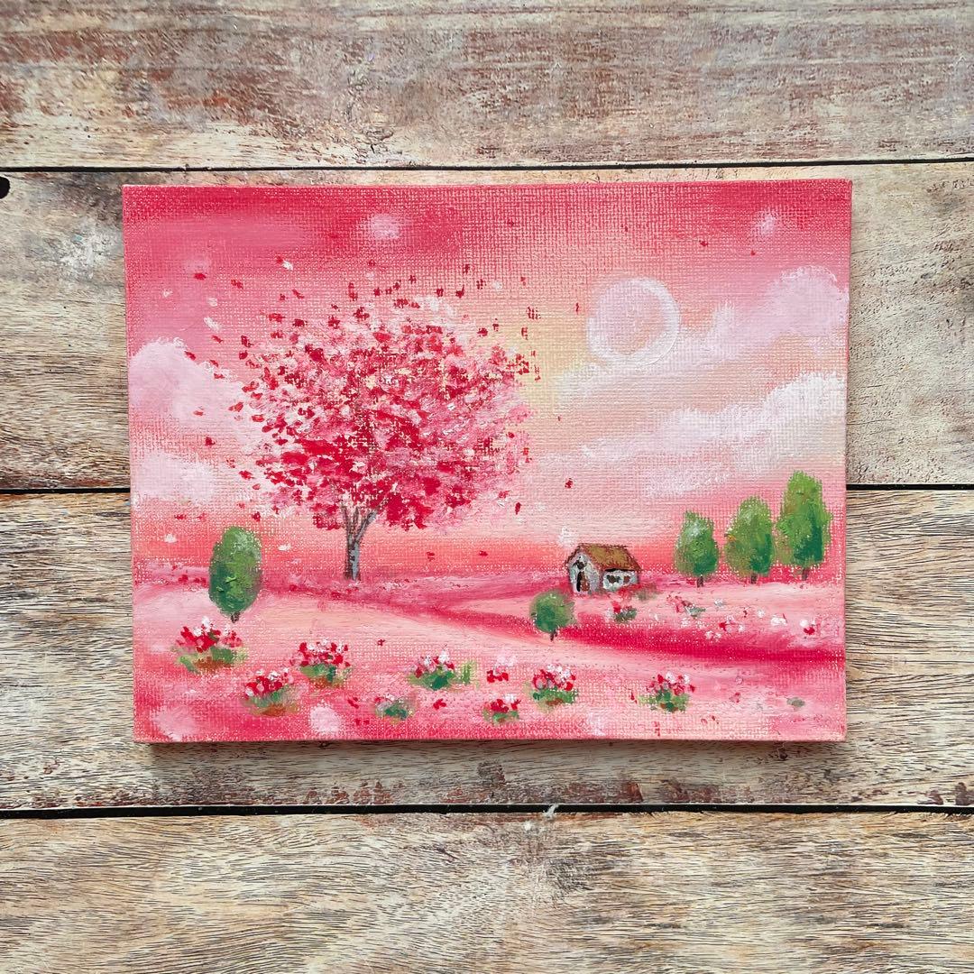オイルパステル画 アクリル画 いちご色の風景No.6 キャンバスボード ご