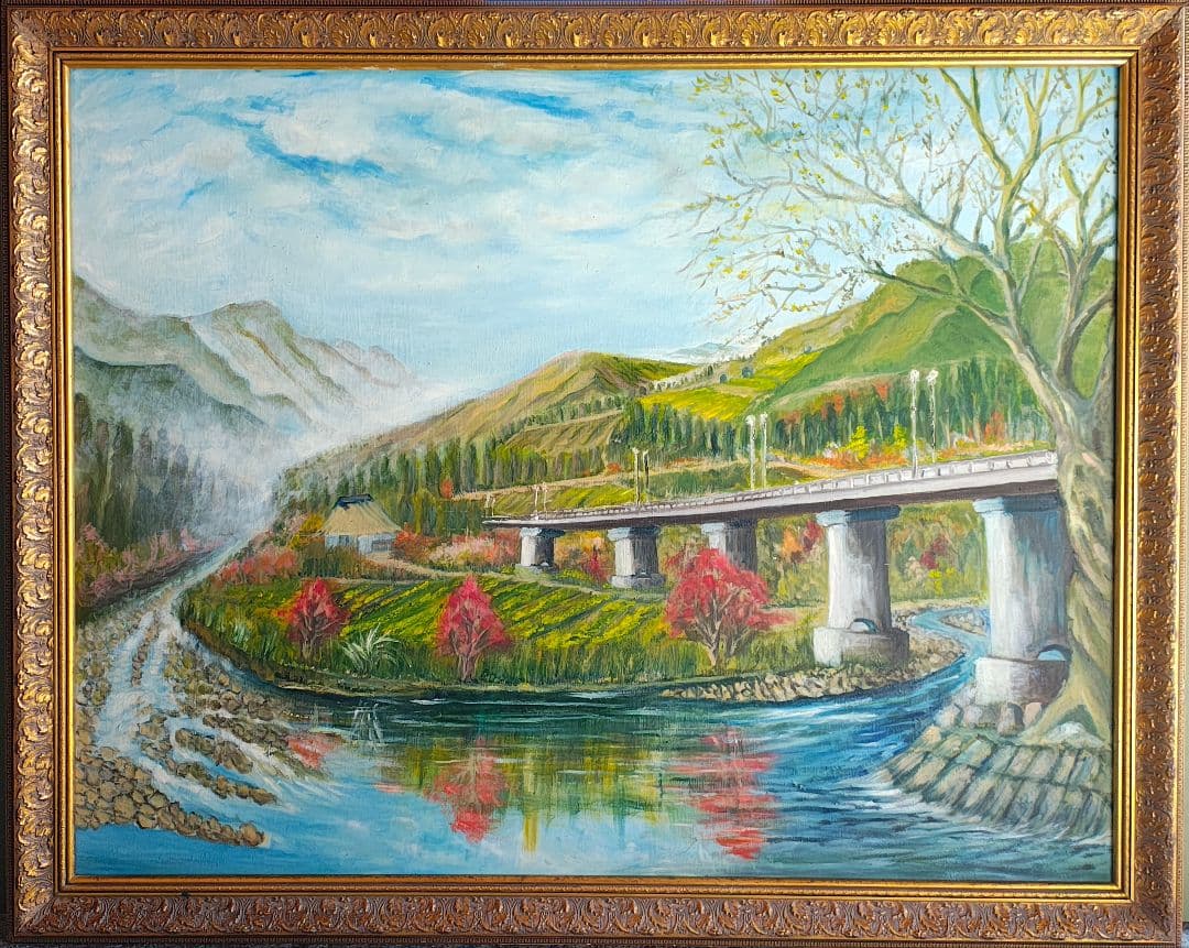 【送料込】F50号 大型 油彩仮額縁＆肉筆油彩画セット 南郷大橋 2006年制作 送料込】F50号 大型 油彩仮額縁＆肉筆油彩画セット 南郷大橋 2006年