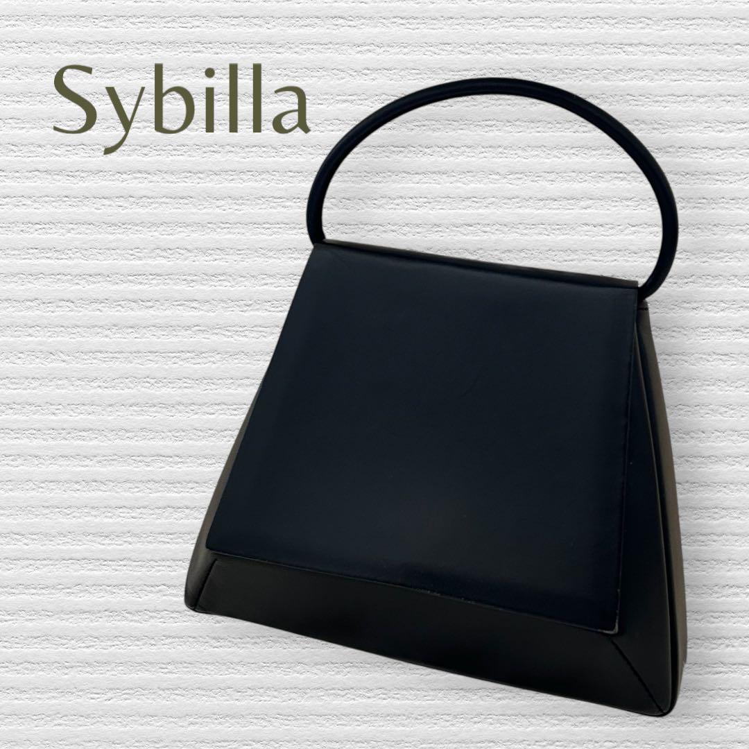 シビラ】立体カットデザインハンドバッグ レザー黒 フォーマルバッグ