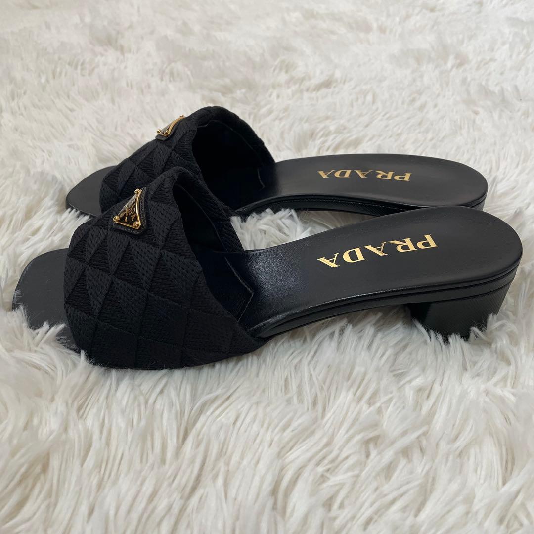 美品 プラダ 三角ロゴ エンブロイダリー サンダル 黒 36 レディース 箱