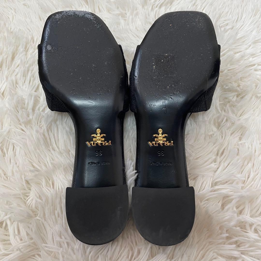 美品 プラダ 三角ロゴ エンブロイダリー サンダル 黒 36 レディース 箱