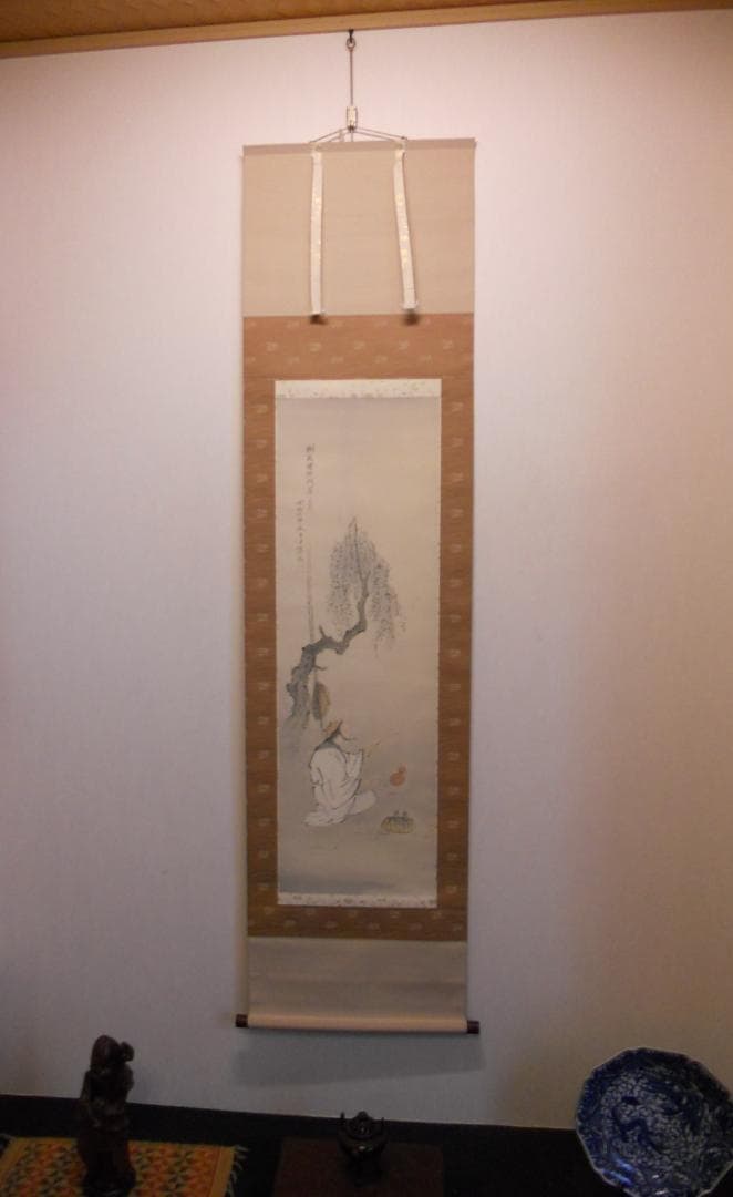 掛け軸 小出陽祐 『 漁想問答之図 』 二幅対 絹本 希少 茶道具 掛軸