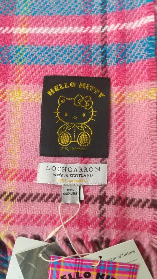 キティ ブランケット ストール タータンチェック ピンク カシミヤ100