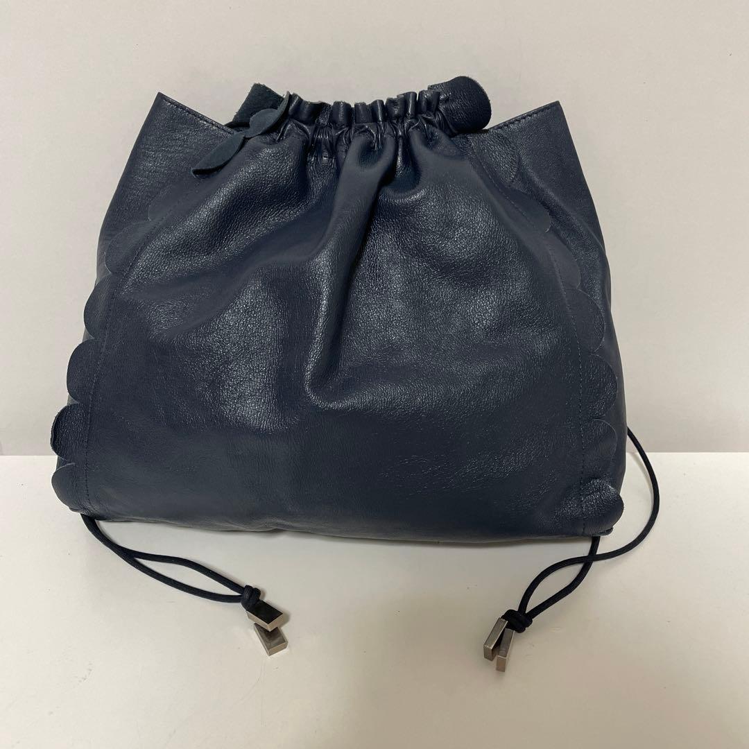 LUDLOW ラドロー 巾着 スカラップ ハンドバッグ レザー ネイビー 中古