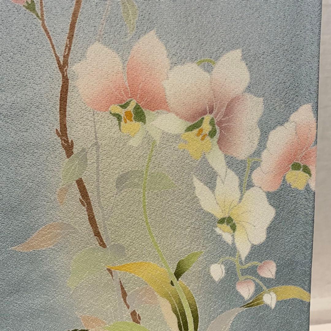 D227訪問着 手描き友禅 水色 花模様 正絹着物 袷 しつけ糸付き未使用極