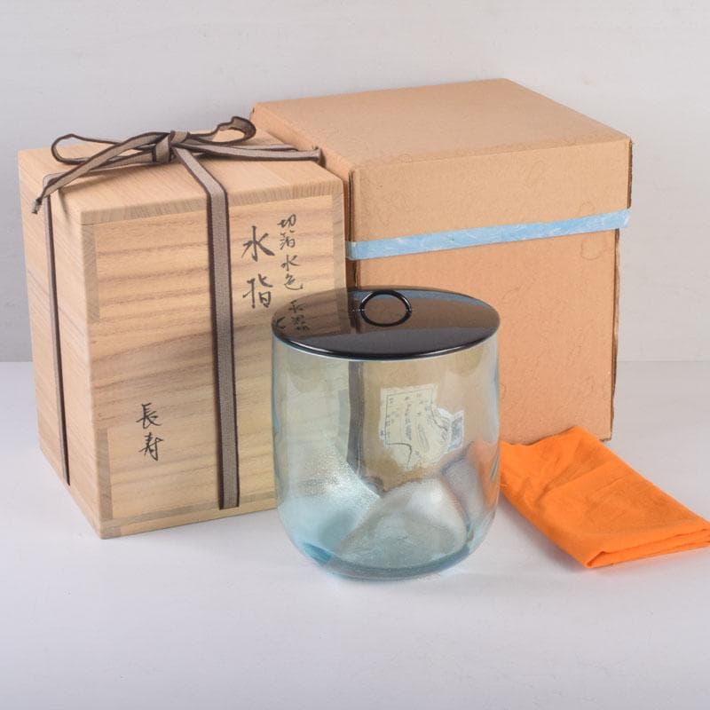 茶道具　水崎長寿作　義山　切箔　水色　水指　蓋裏波車蒔絵　共箱　V　8380 茶道具 水崎長寿作 義山 切箔 水色 水指 蓋裏波車蒔絵 共