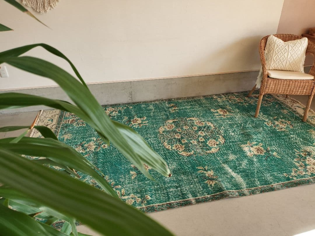 超大判/エメラルドグリーンのシノワズリラグ トリコヴィンテージラグ No586