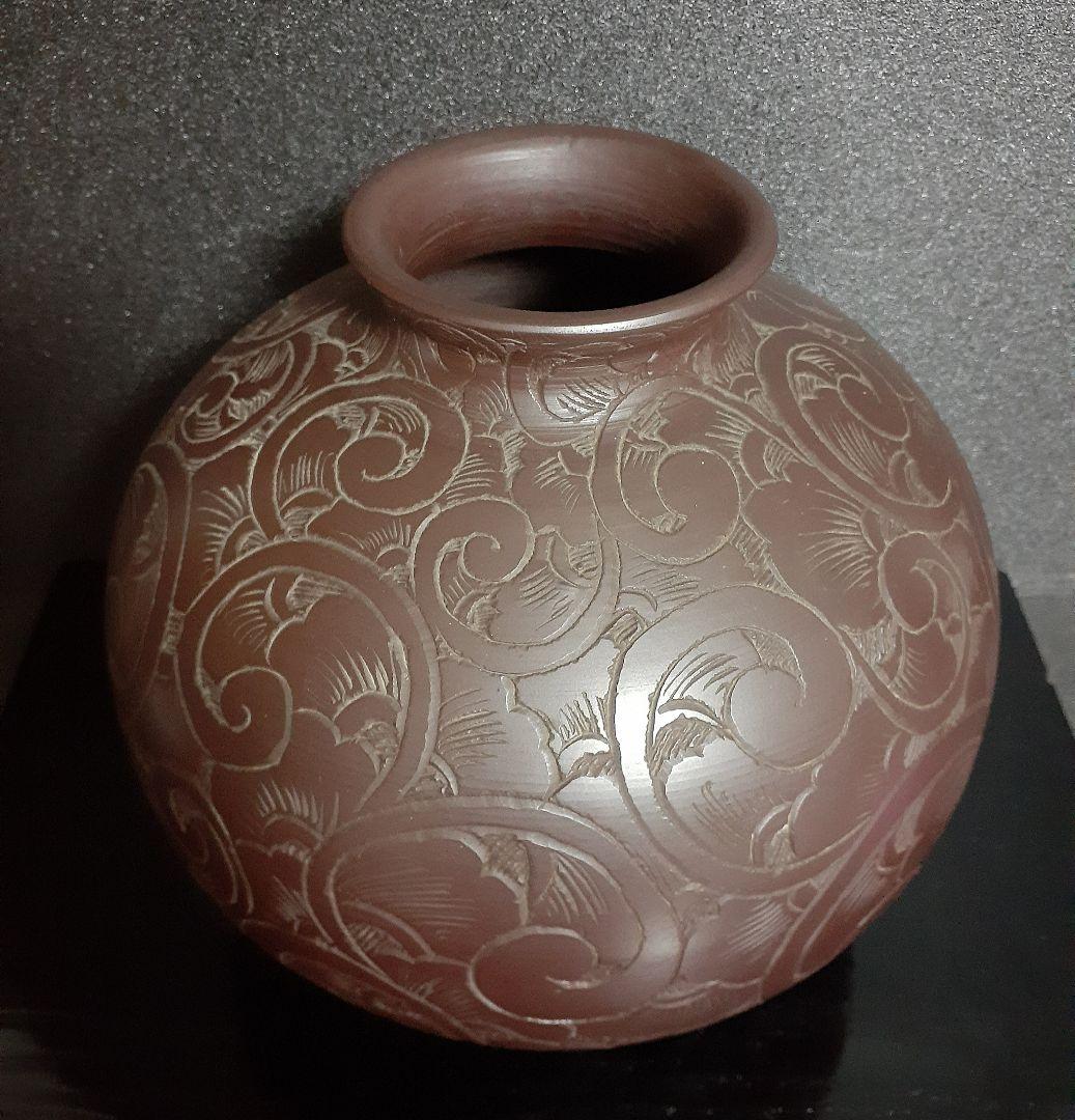 萬古焼 【善作】 唐草彫文様 壺 花入れ 茶道具 茶器 花瓶