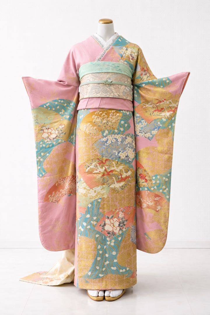 振袖フルセット6点サイズM〜L駒刺繍 地紙飛鶴花文 金彩 正絹 - メルカリ