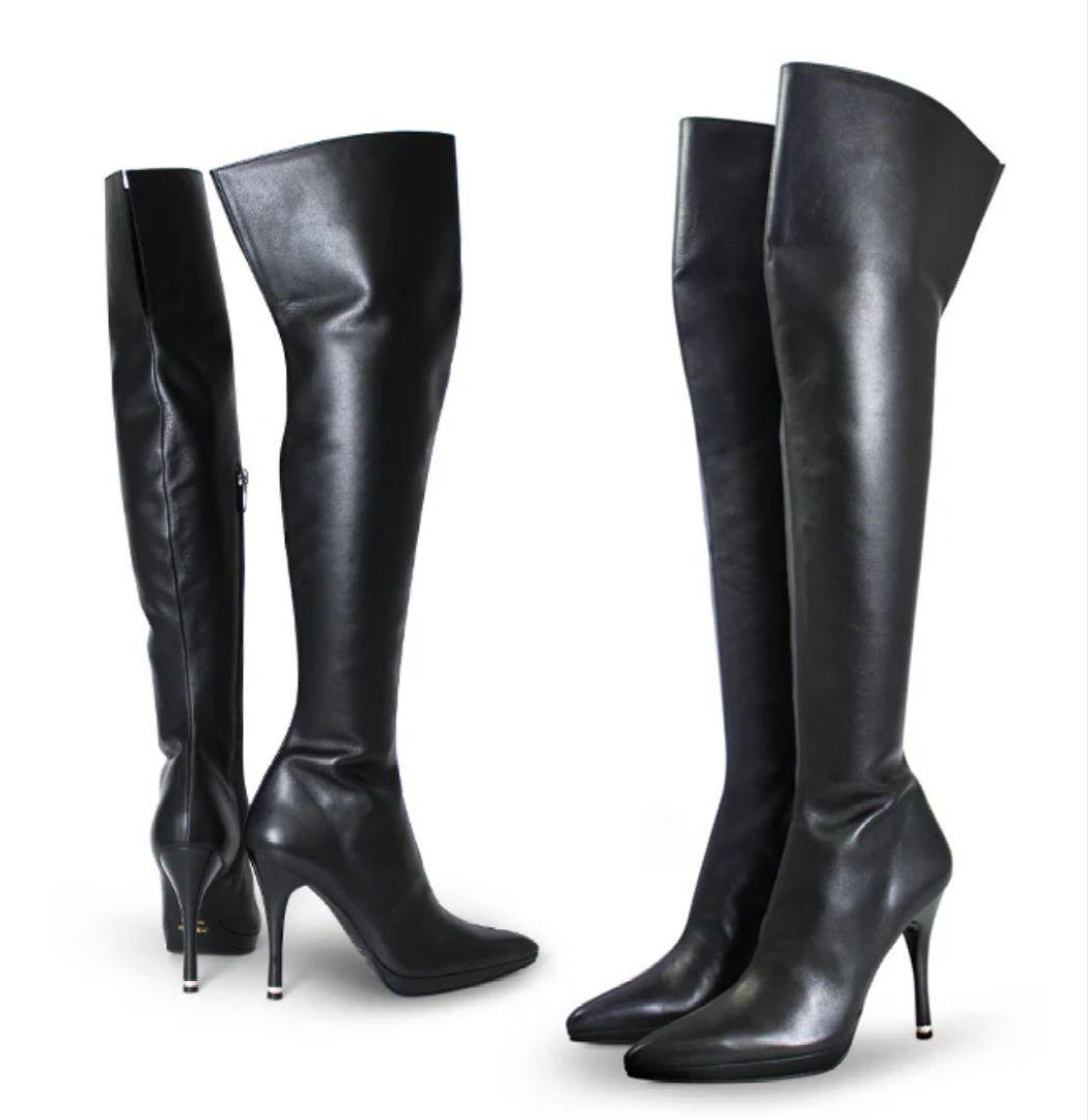 COMEX ブラックレザーニーハイブーツ 23.5cm 5378