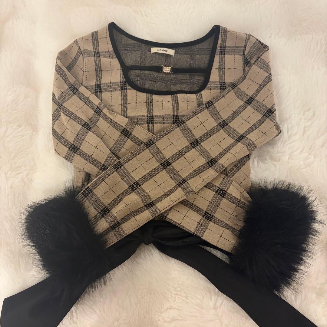 Nomae ファーカフスバックリボントップス ベージュチェック