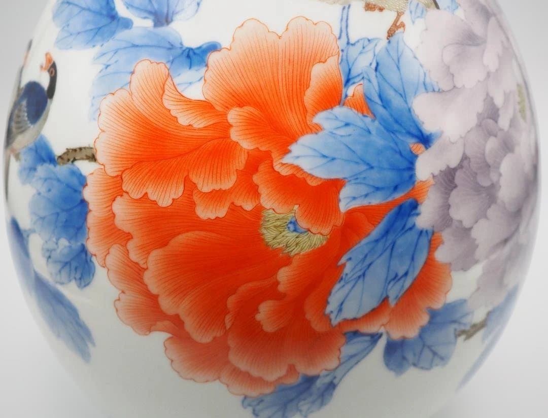 真葛香山 宮川香山 青華釉下彩花瓶 4鳥牡丹図 台付き - メルカリ