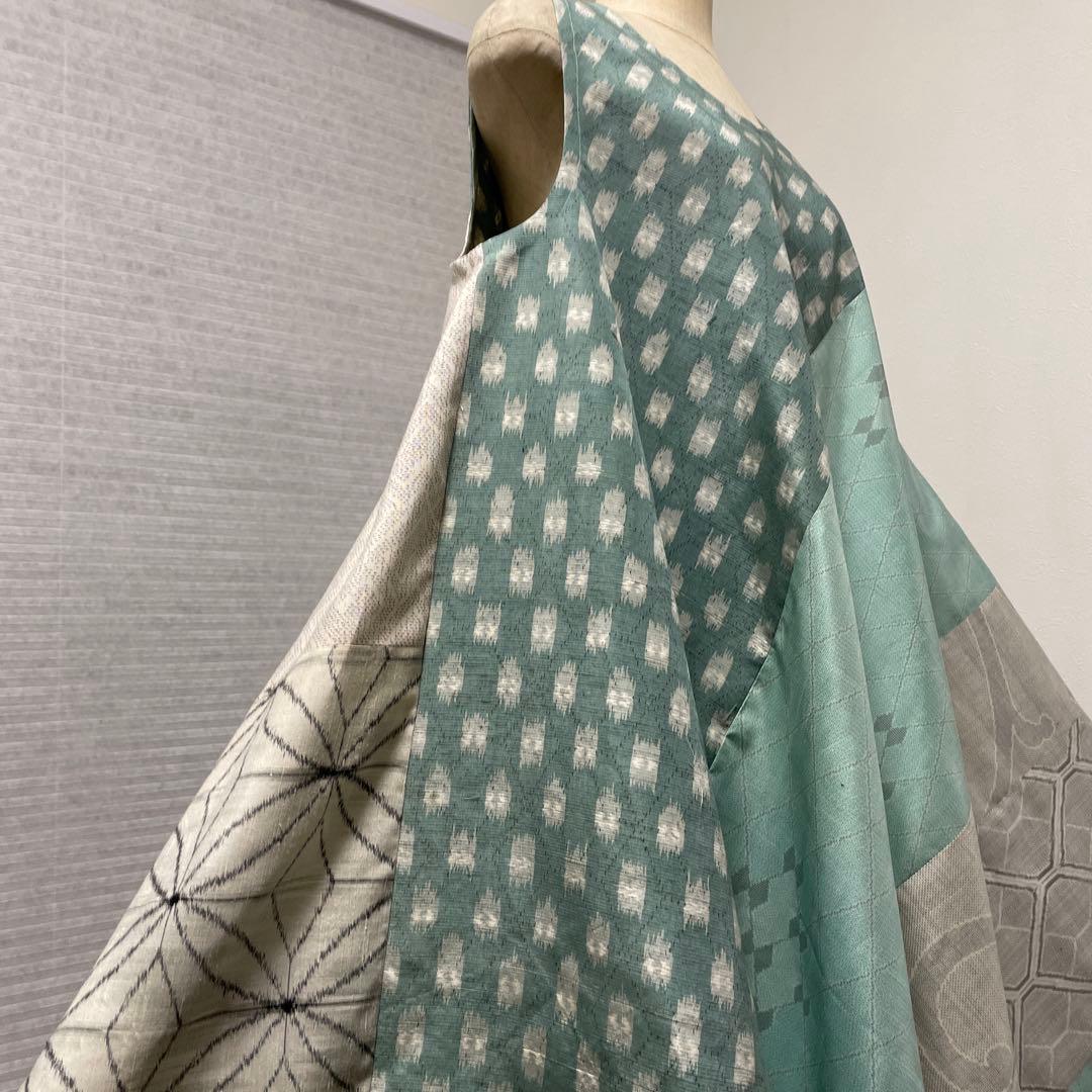 着物ワンピーステントラインロング丈《10》大島紬［都喜ヱ門&白大島］や紬L〜