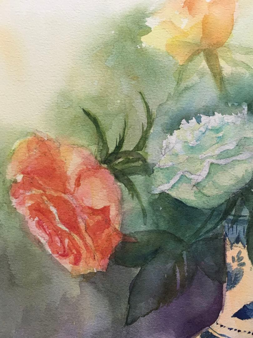 透明水彩画原画オレンジの薔薇とデルフト焼きの花瓶⑨ - メルカリ