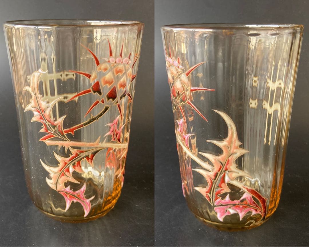 エミール・ガレ 初期 薊とロレーヌ十字文グラス タンブラー エナメル彩