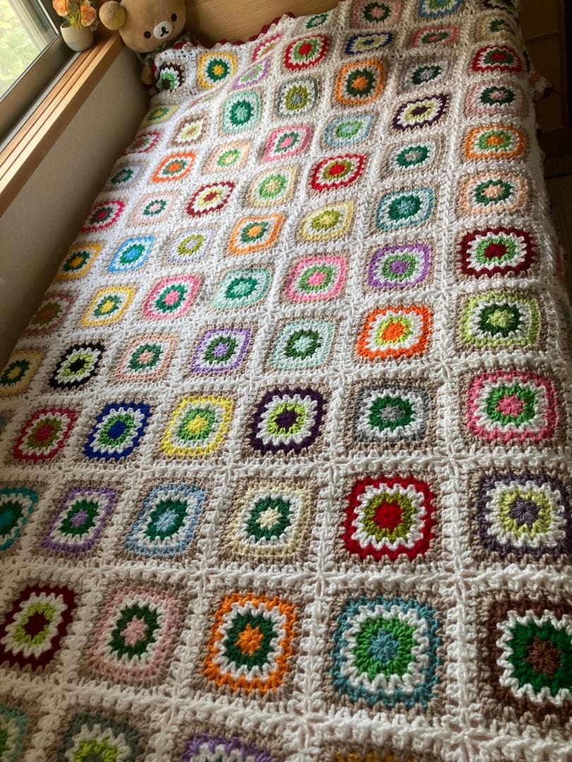 手編み　大判マルチカバー　ベッドカバー　ブランケット　グラニースクエア お値下げ✳︎グラニースクエア✳︎ブランケット✳︎マルチカバー