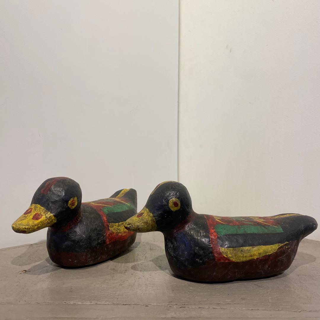 紙縒り細工 水鳥 雁 二羽セット アンティーク 木雁 | 古美術いもと