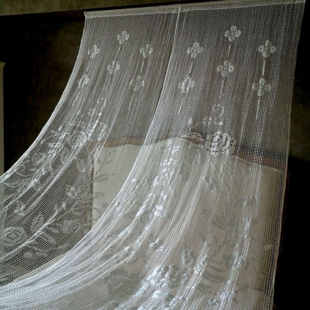 薔薇モチーフ　コットンフィレ風レース　ホワイトレースカーテン　2枚　 H235 ナチュラルコットン♪薔薇の2段レースワイドカフェカーテン198cm×60cm