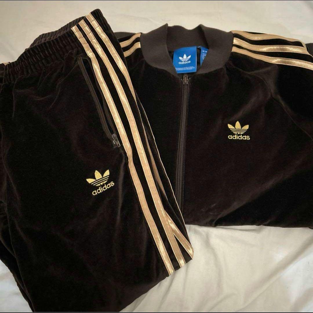 adidas ベロア ブラウン×ゴールド 上下セット トラックジャケット M SST アディカラー ベロア トラックトップ / ジャージ / トラック