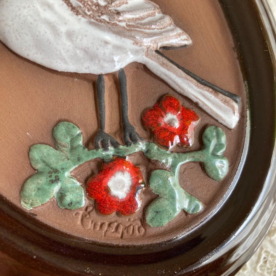 北欧ヴィンテージ雑貨 GABRIEL陶板 希少オーバル 小鳥（ハクセキレイ）