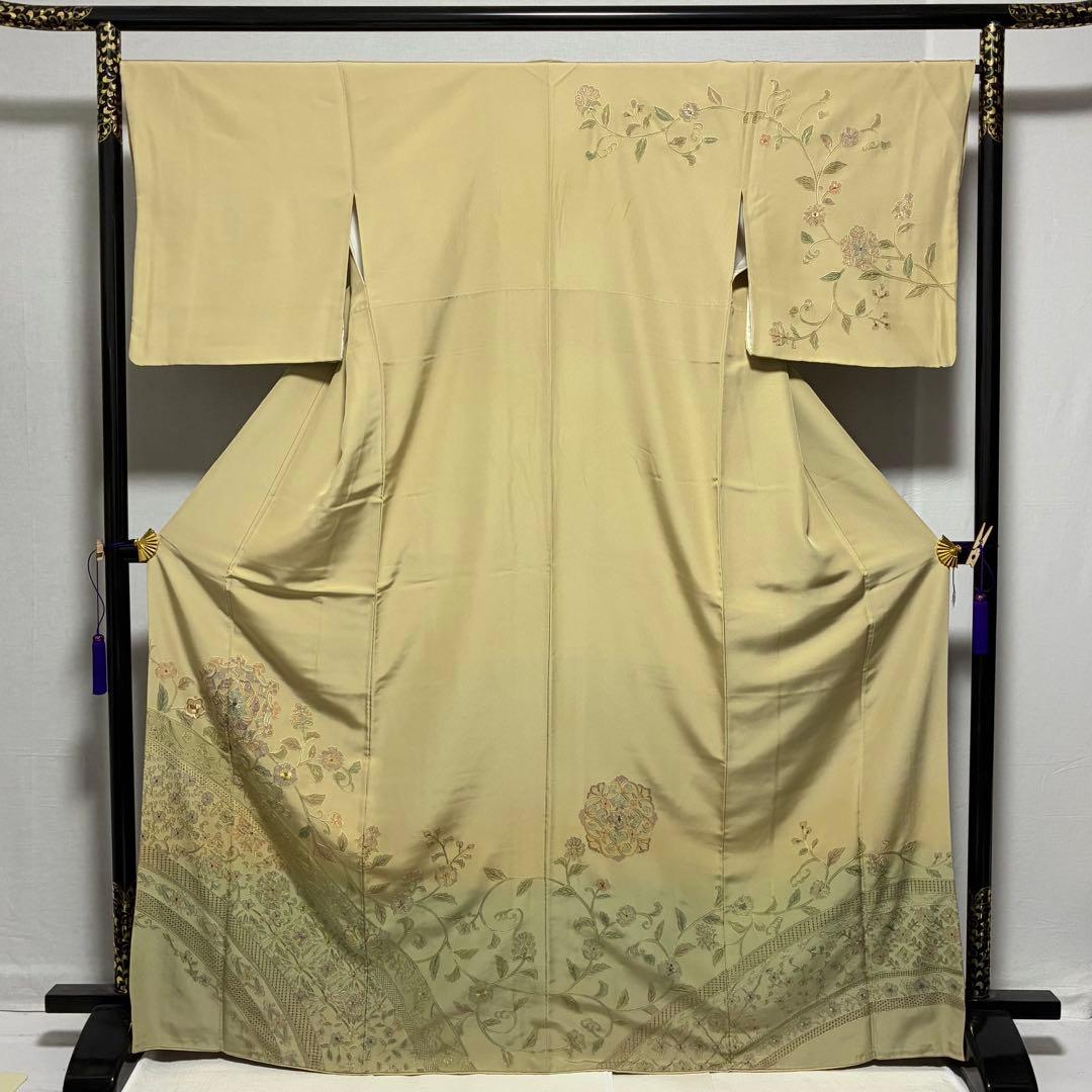 D168 訪問着 総刺繍 汕頭・蘇州刺繍 華文 唐草 正絹 着物 袷 極美品