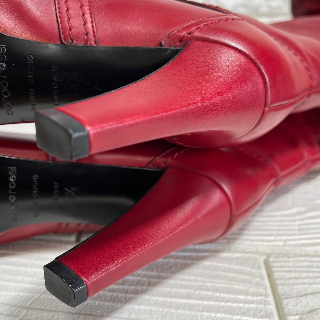 極美品】Sergio rossiレッド 本革ロング ブーツ 22.5ベルト装飾 - メルカリ