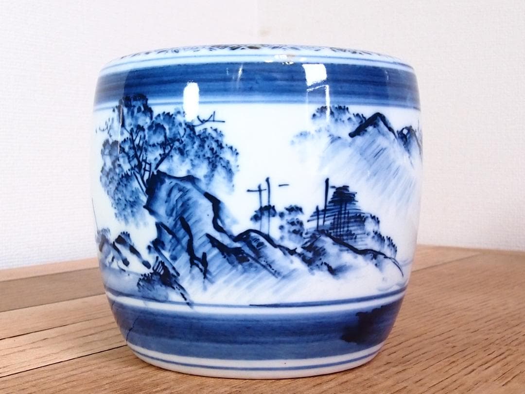 骨董・美品】染付山水手焙 一対/2個 絵変わり 火鉢/金魚鉢/メダカ鉢