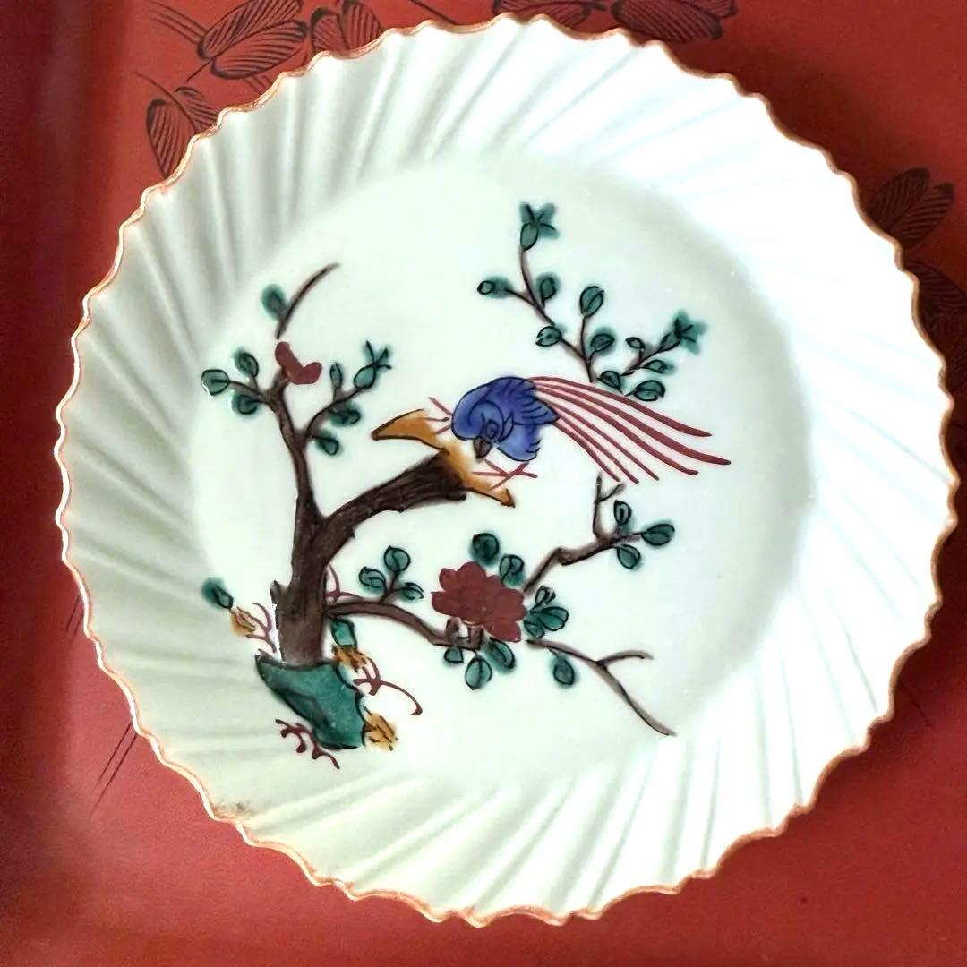 2164感謝‼️夏の倣い古九谷‼️幸せ強運の色絵花鳥図在銘福波打つ小皿4