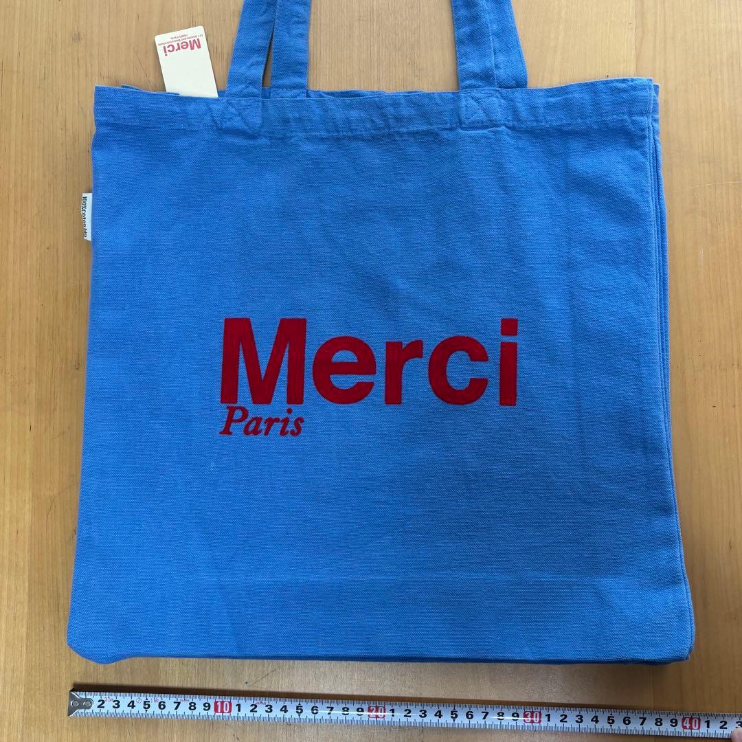 新品】Merci ロゴ入りトートバッグ 青 メルシー フランス パリ マレ