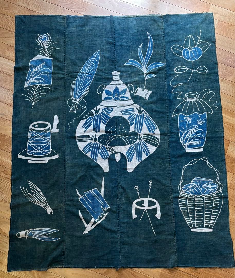 古布 茶道具の筒描 藍染 木綿 緑 木綿 型染め 襤褸 アンティーク