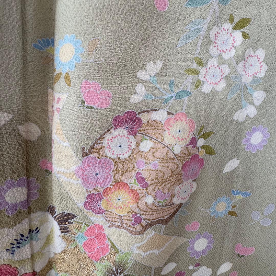 超美品 正絹 袷 現代 正統派 訪問着 着物 163 黄緑 鶯色 手書き 上品