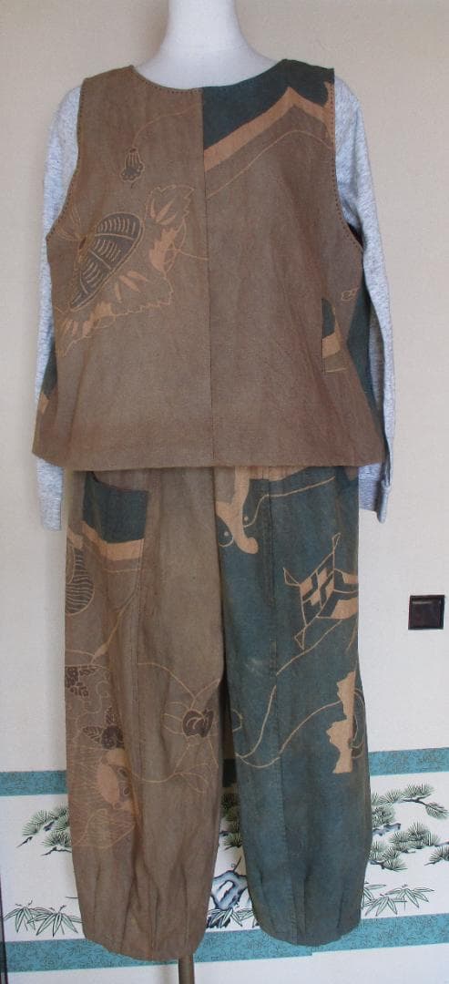 襤褸筒描き 柿渋染め古布リメイクリバーシブル後ろ開きベスト裾タック