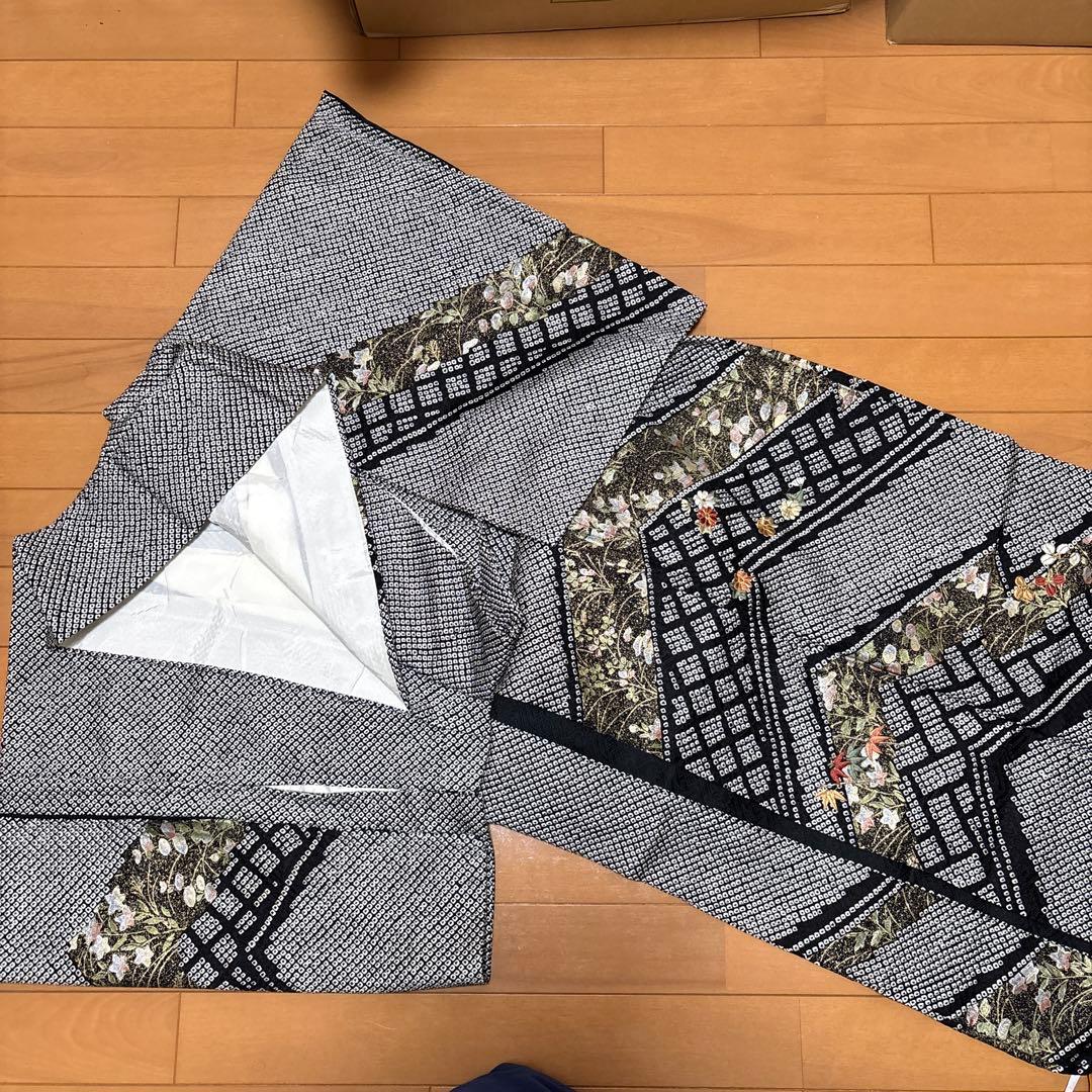 【1/18】訪問着☆花柄（絞り・刺繍）（黒色） 仕立て付き 刺繍訪問着 桜 さくら 新品 未仕立品 総刺繍 h-955 黒地