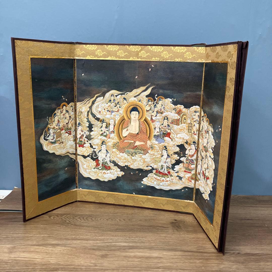 昭和レトロ 仏教美術 阿弥陀二十五菩薩来迎図 三つ折り屏風 金彩 縁起物 謎解き！ヒミツの至宝さん」国宝「阿弥陀二十五菩薩来迎図（早来迎