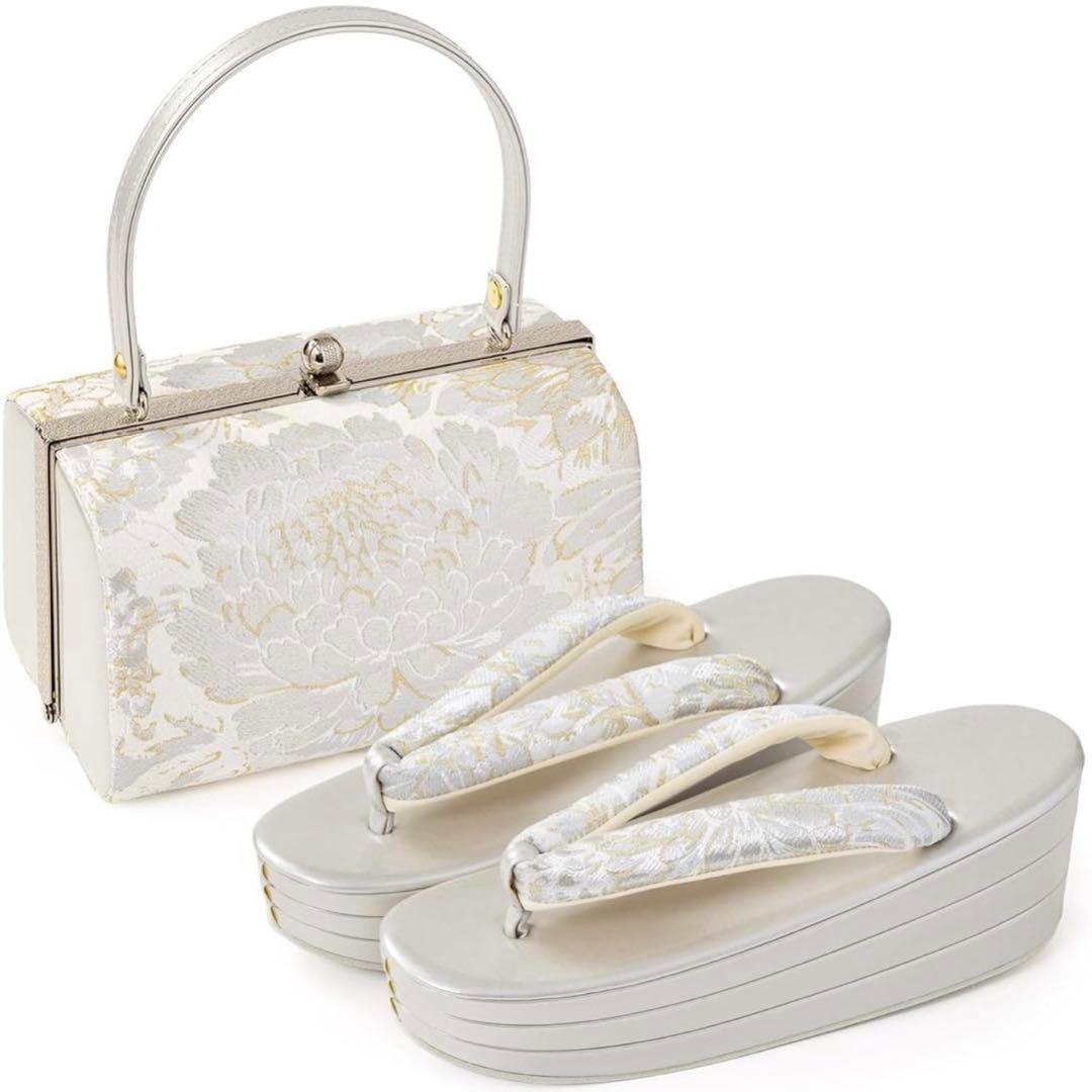 銀白洋菊 花柄和装用バッグと草履セット 草履バッグセット 銀/白 帯地 洋菊 厚底 中国製 | 大人和装,婦人和装