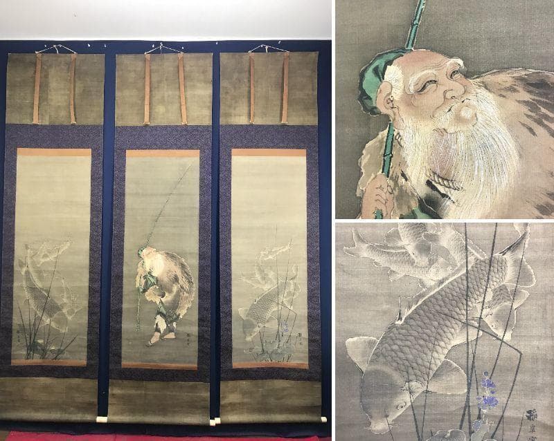 黒田稲皐/太公望/群鯉図/三幅対/花鳥図/人物図/掛軸/名家伝来/AD-896 黒田稲皐 鯉図｜古美術・掛け軸の販売・買取・鑑定-松本松栄堂