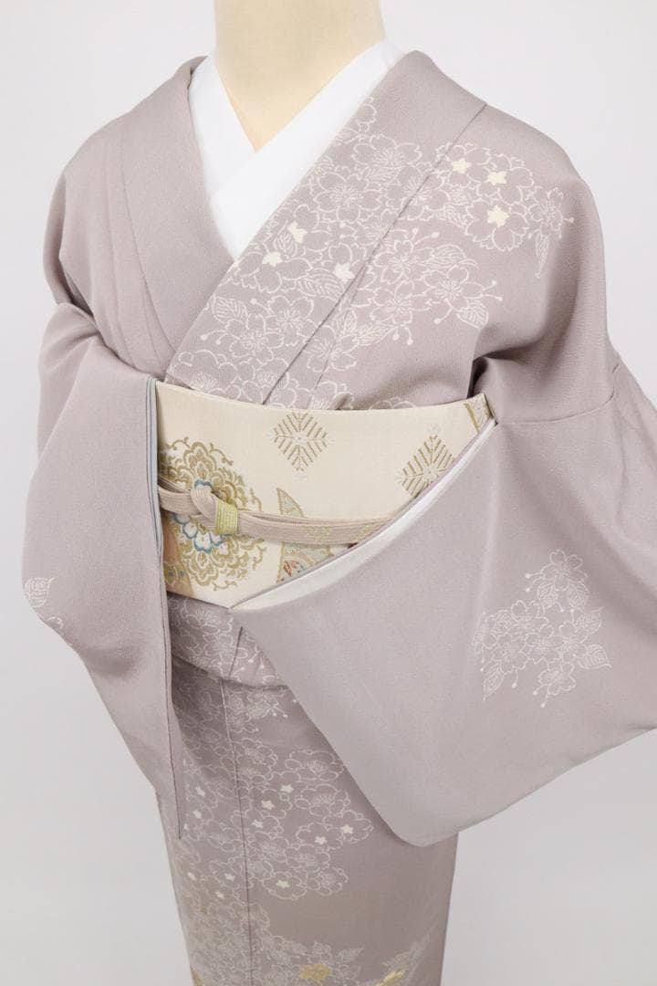 《特選◆訪問着■シンプル桜梅の花◆薄梅鼠色■ちりめん地◆袷正絹着物◆HC2-4》