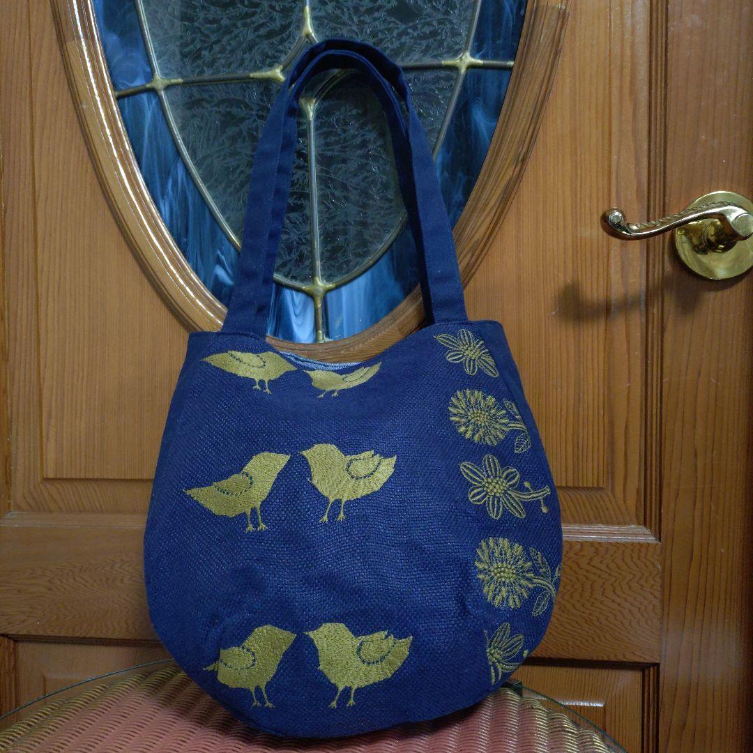 未使用 ハンドメイド ミナペルホネン ネイビー鳥と花刺繍トートバッグ