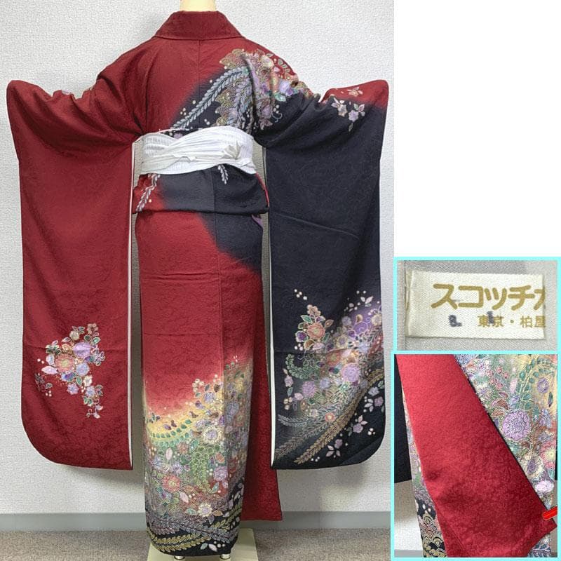 601z16〇小柄な方も 振袖 辻が花絞り染 地紋 赤 黒〇美品 成人式 結婚