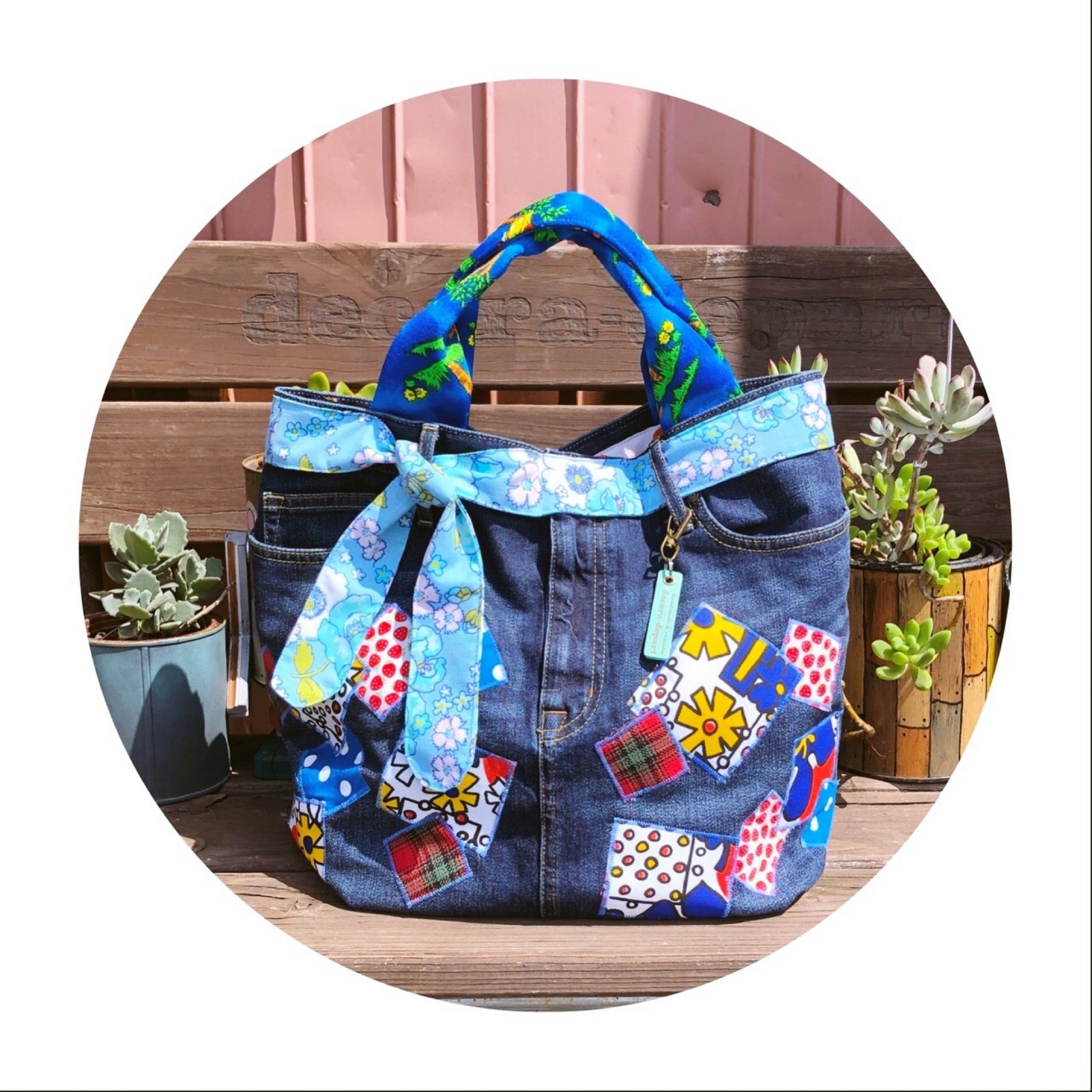 デニムリメイク☆トートバッグ 【L／スクエアパッチ】 - DECORA'S